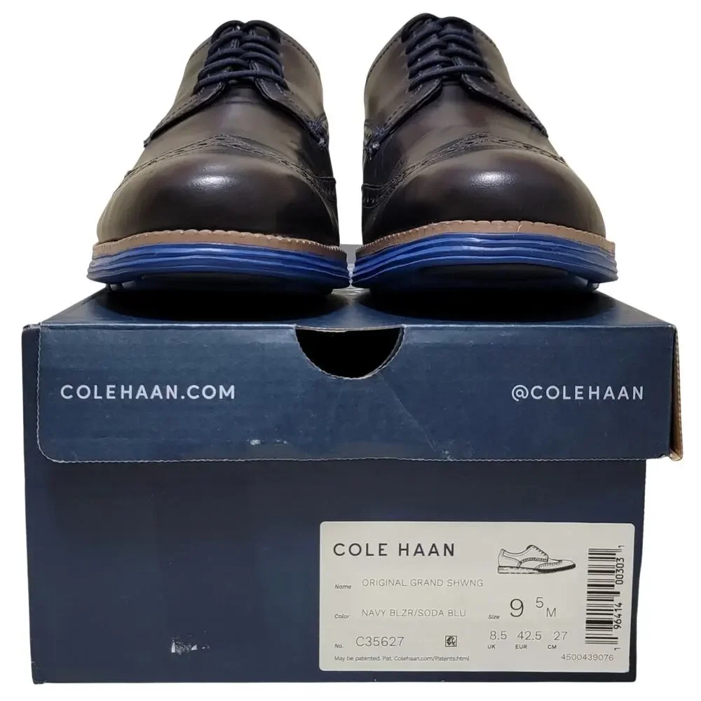 Cole Haan Men Original Grand Wingtip Derby Oxford Size US 9.5M Navy Blue Leather